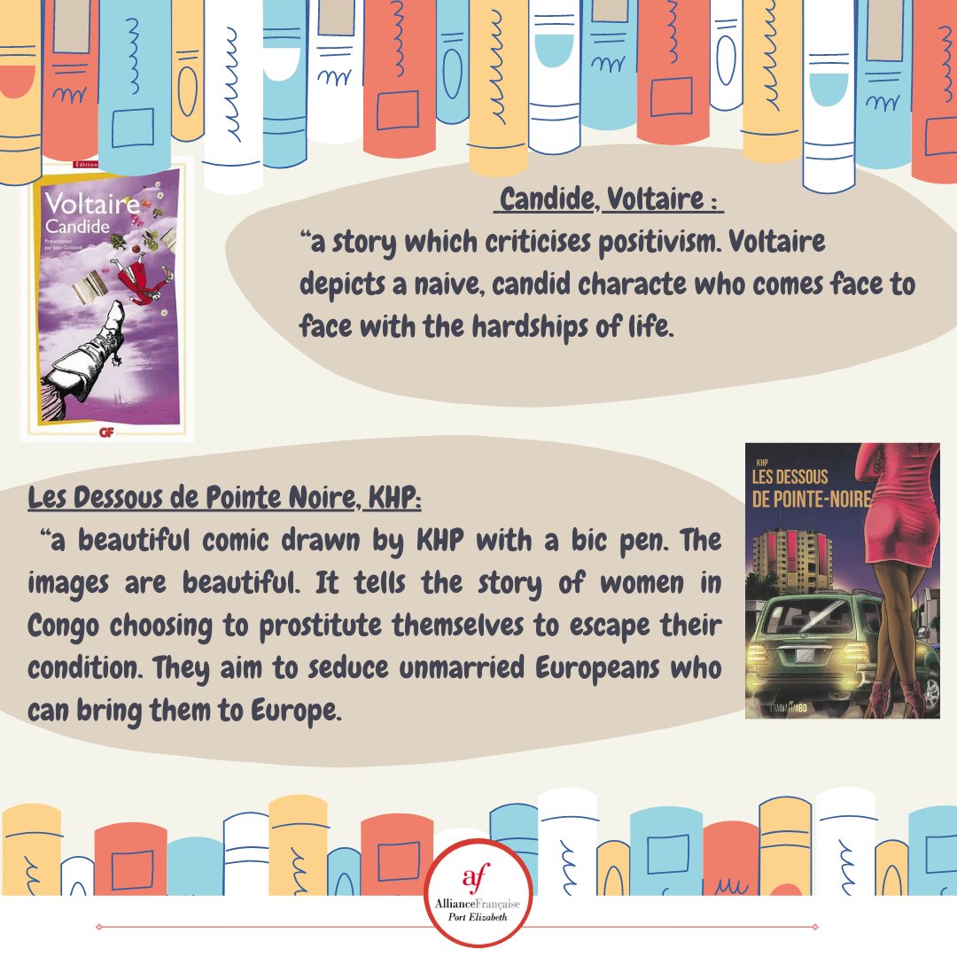 AFPortElizabeth's tweet photo. Here is the bookclub recap of Monday evening! 

Here are some of our book recommendations from Alliance readers and there is something for every taste!

Next Bookclub, on the 28th of November 😉 
 
#bookclub #bookstagram #alliancefrançaise #gqeberha https://t.co/yxwv28Dbzk