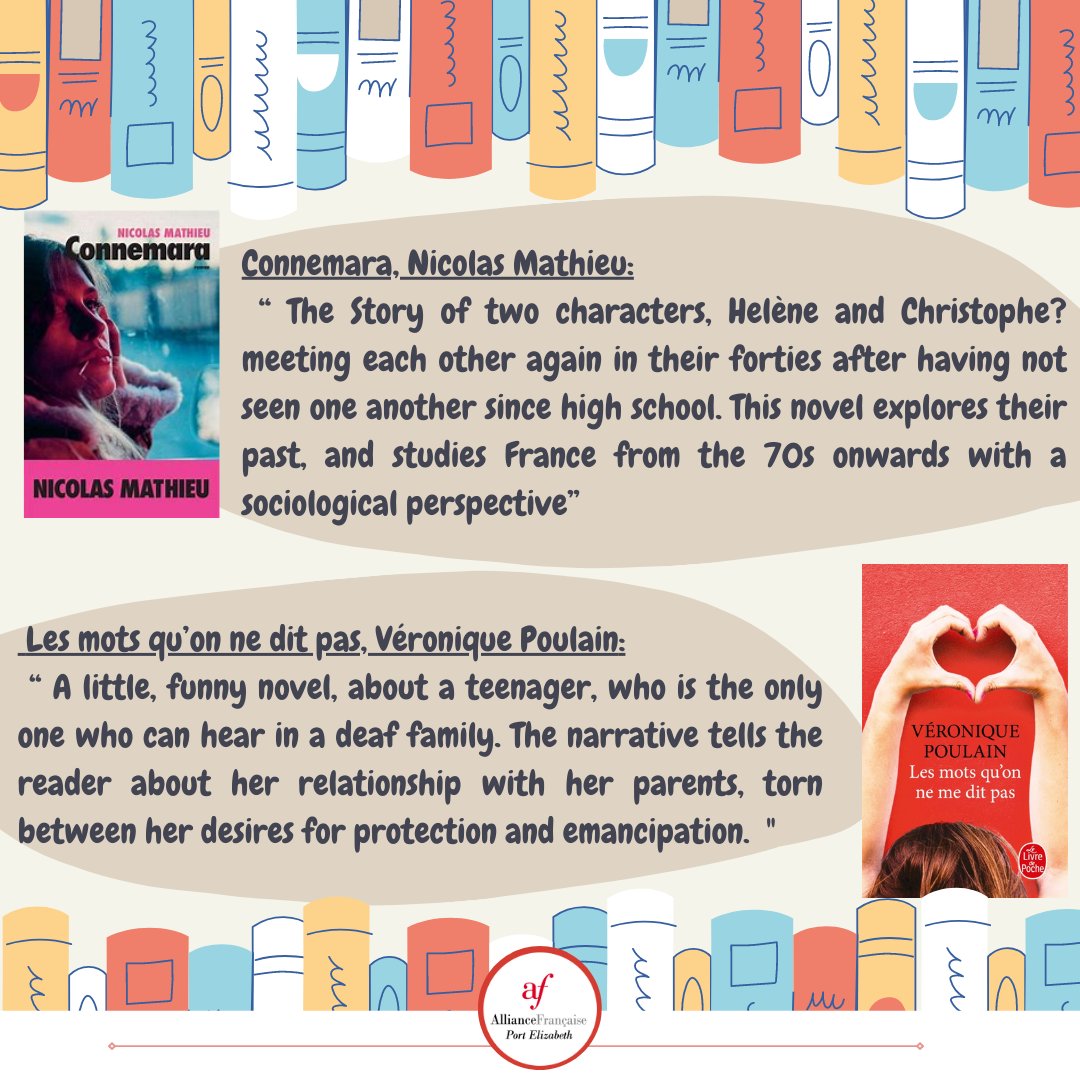AFPortElizabeth's tweet photo. Here is the bookclub recap of Monday evening! 

Here are some of our book recommendations from Alliance readers and there is something for every taste!

Next Bookclub, on the 28th of November 😉 
 
#bookclub #bookstagram #alliancefrançaise #gqeberha https://t.co/yxwv28Dbzk