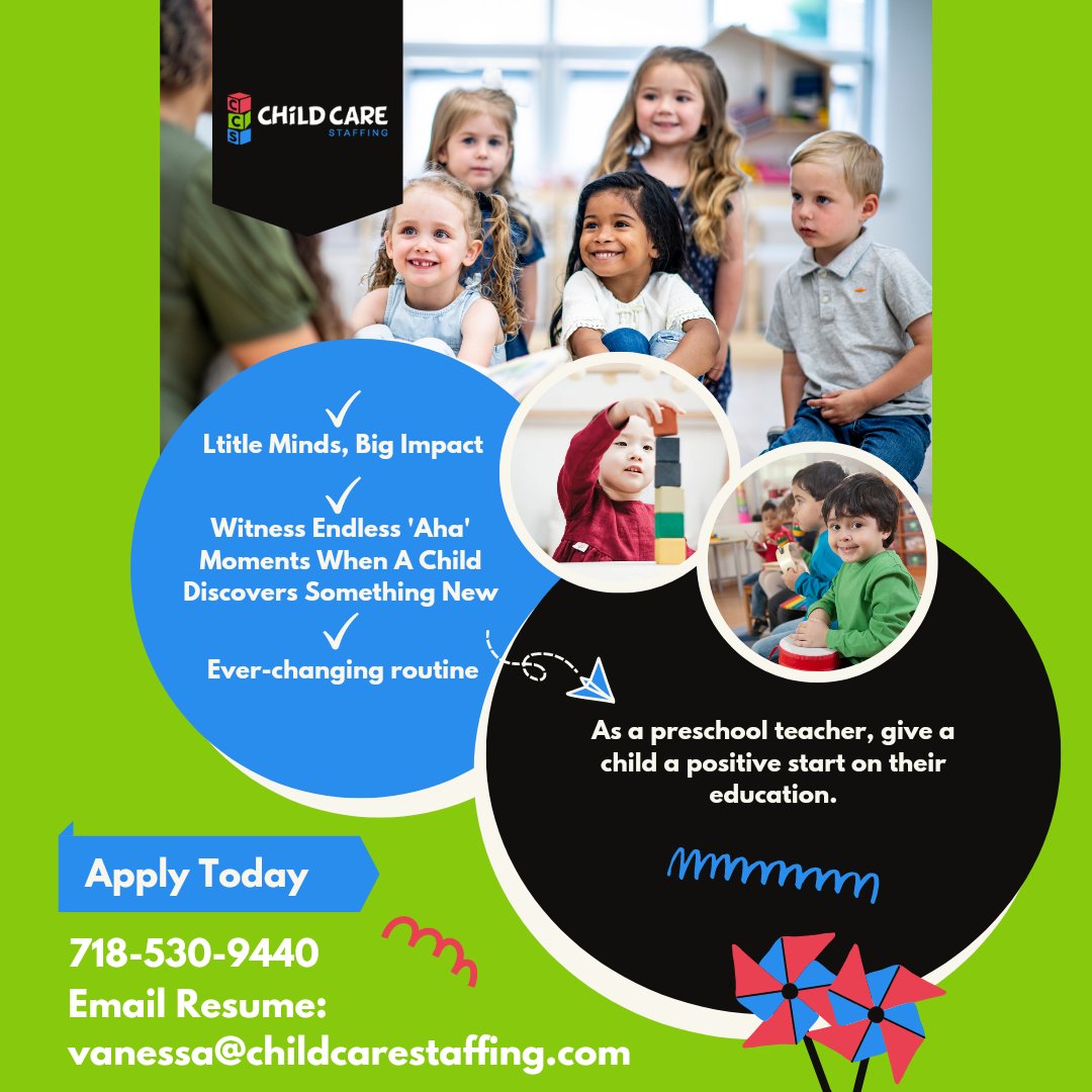 CCStaffingInc's tweet photo. For immediate consideration:
Email your resume to vanessa@childcarestaffing.com OR
Apply on our website: https://t.co/W5e2FugWWW
#hiring #applytoday #preschool #daycare #teachers #nyc https://t.co/eil13U6Ybw