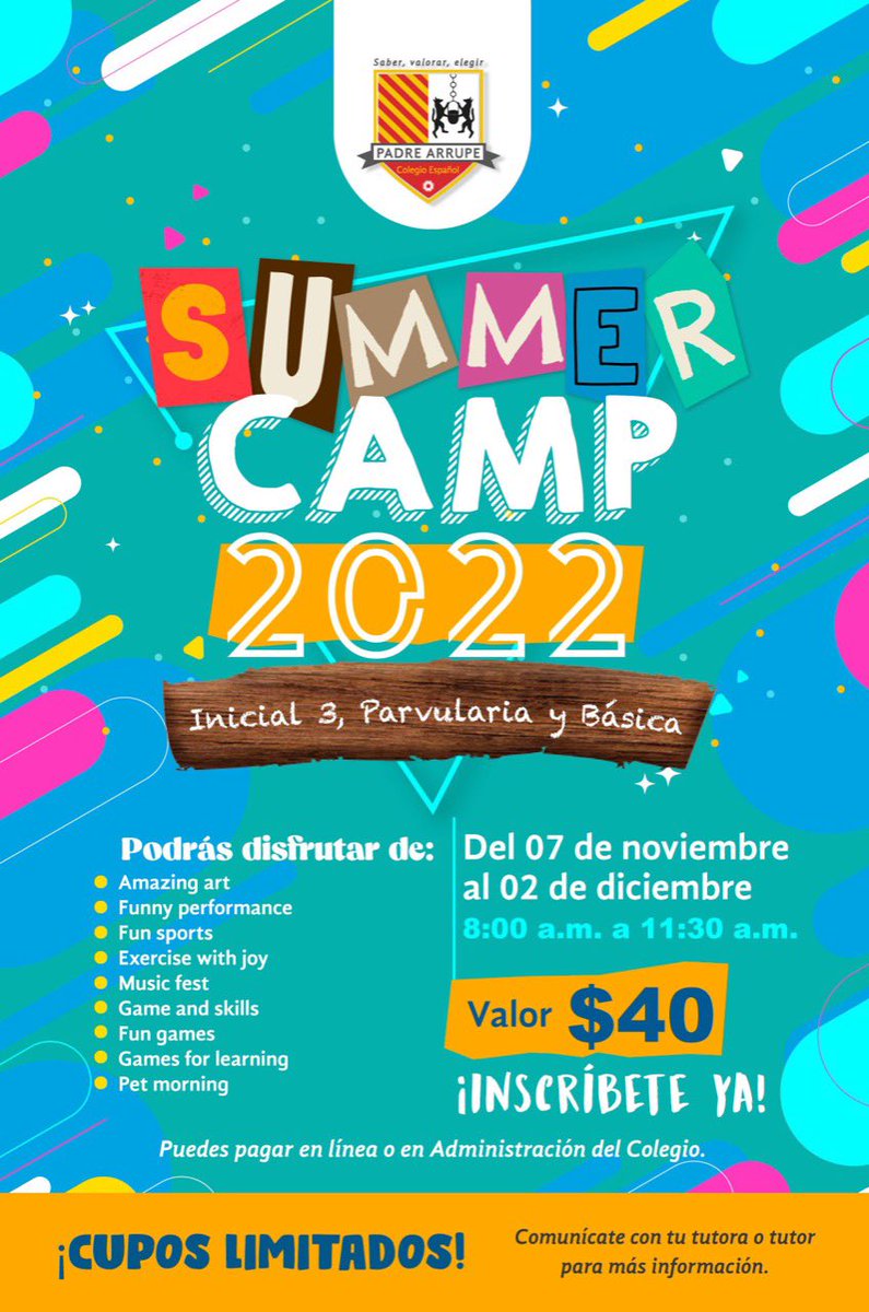 Miss_AlejandraR's tweet photo. 🤩¡Llegó el momento de divertirse y aprender! 💃🕺

Súmate a nuestro #CampamentoDeVerano y disfruta de mañanas increíbles. 🥳

📅 Fecha: del 07 de noviembre al 02 de diciembre. 
⏰ Hora: de 8.00 a.m. a 11:30 a.m. 
💰 Valor: $40.00 https://t.co/3n8AH8J8RT