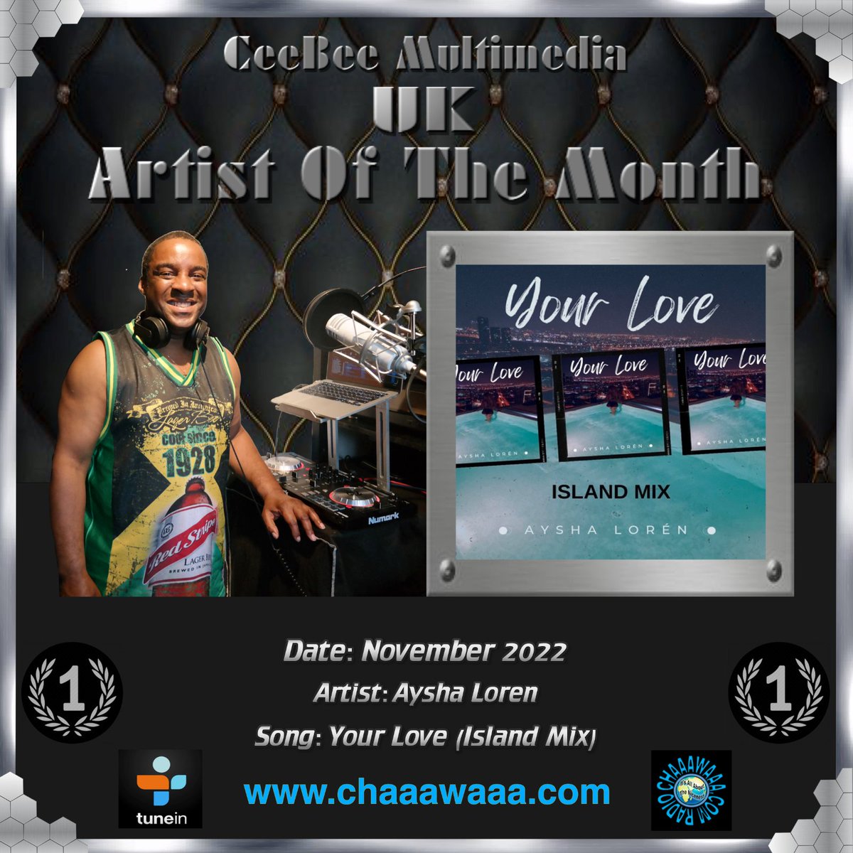 Aysha Loren’s track ‘Your Love (Island Mix)’ is my UK track for the month of November 2022 and will be played by me on all my shows on chaaawaaa.com #Reggae #Music #CeeBeeMultimedia <a href="/ayshaloren/">Aysha Loren</a> <a href="/ChocDreamzMusic/">Chocolate Dreamz Music Productions</a>