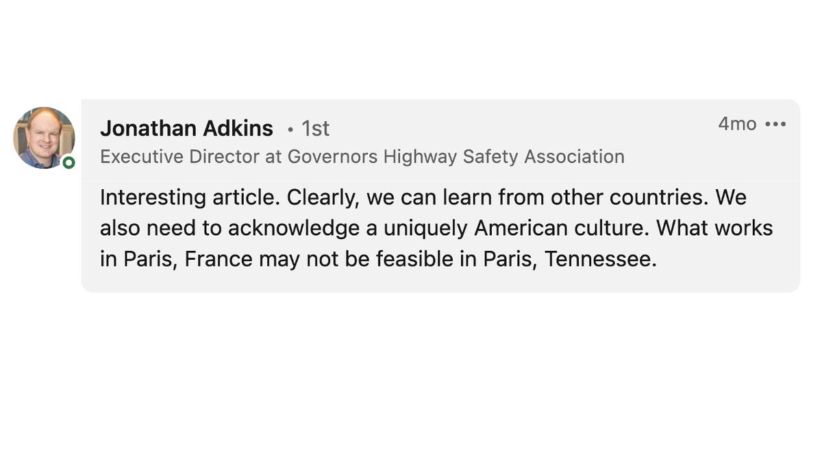 @USDOT Meanwhile, prominent US safety leaders (like @GHSAHQ's leader here) often downplay global comparisons, claiming the US is inherently different due to 'culture.' linkedin.com/feed/update/ur… On the contrary, sky-high US road deaths are due to policy choices -- which we can change.