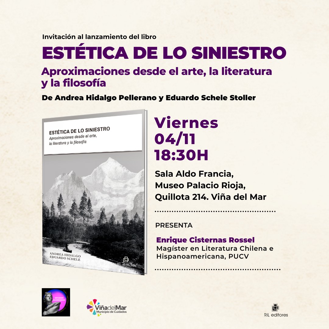 RILeditores's tweet photo. 📢Mañana, viernes 4, a las 18:30 horas, se presentará el libro «Estética de lo siniestro. Aproximaciones desde el arte, la literatura y la filosofía», de  Andrea Hidalgo Pellerano y Eduardo Schele Stoller (@schelestoller). Comentará la obra Enrique Cisternas Rossel. https://t.co/TGLLXti5I3