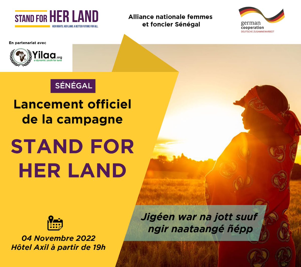 l'Alliance Nationale Femmes et Foncier Co-organise avec <a href="/youth_yilaa/">YOUTH INITIATIVE FOR LAND IN AFRICA (Yilaa)</a> dans le cadre de la conférence Internationale des jeunes sur la Gouvernance Foncière le lancement de la campagne #Stand4HerLandSN qui se tiendra la nuit du 04 Novembre à partir de 19h. 

#kebetu #Stand4HerLand