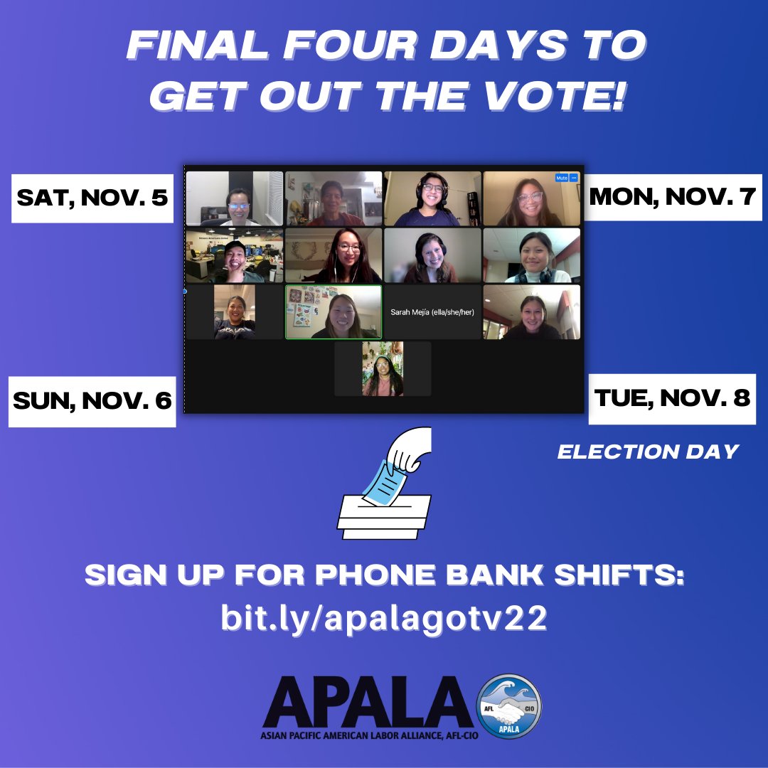 APALADC's tweet image. Hello Twitter! 👋 We're mainly on Instagram for updates (instagram.com/apala.dc) but we're popping on here because there there just ✨5 days ✨ until #ElectionDay and we want to reach as many voters as possible! Phone bank with us for the final 4 days: bit.ly/apalagotv22