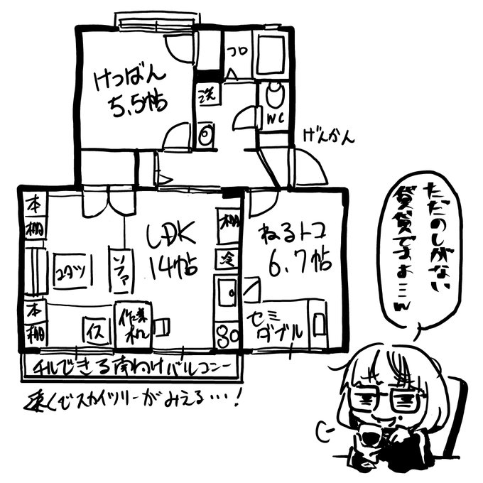 突然自分の今の住処を自慢したくなったので描いた。
なんやかんや1年経ったので、あとは会社の気まぐれ次第。 