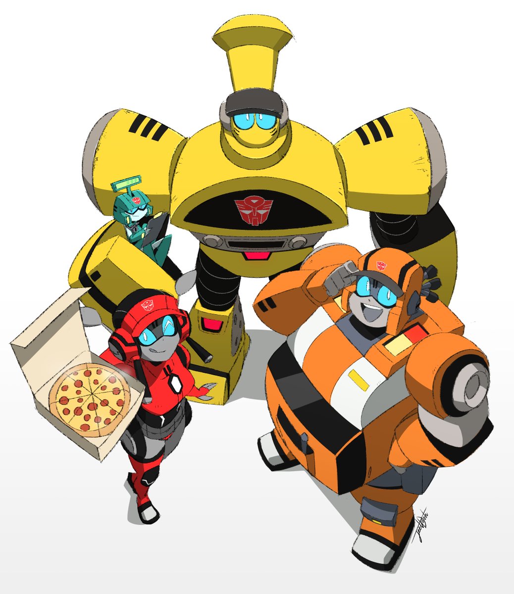 robot mecha pizza blue eyes food multiple boys autobot  illustration images