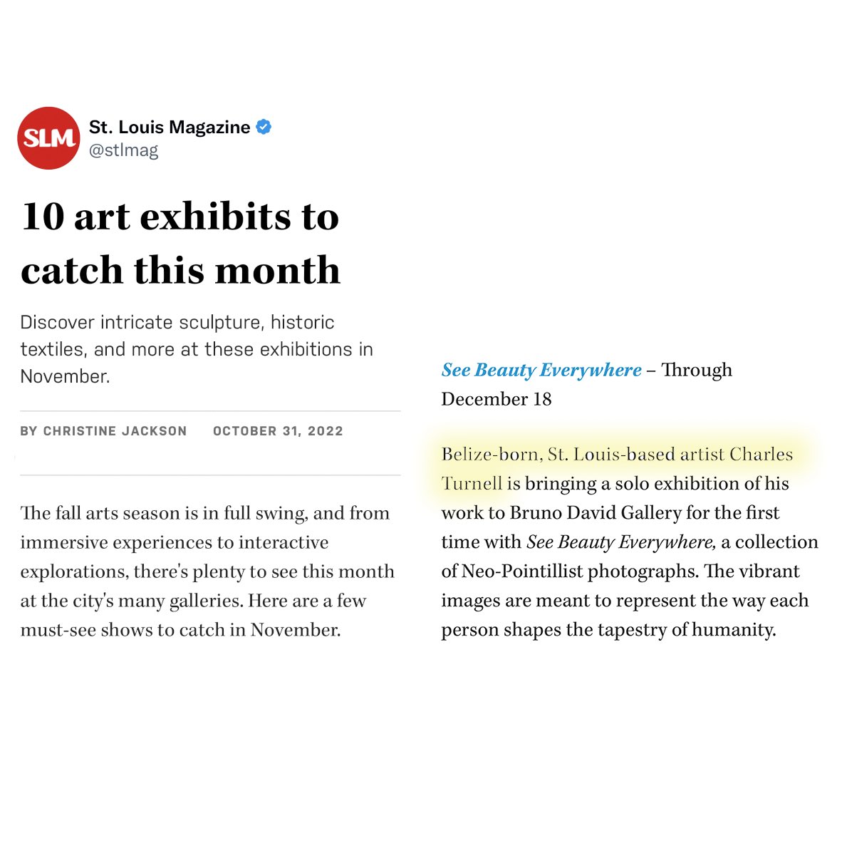 bdavidgallery's tweet photo. Gallery artists Charles Turnell and Yvonne Osei are featured on @stlmag by Christine Jackson.
Read article at https://t.co/jzkpSWC30E
-
-
#artexhibition #TenMustSeeArtExhibits #CharlesTurnell #YvonneOsei #ChristineJackson #BrunoDavidGallery #STLouisMagazine #OpenToday https://t.co/BJHYAs2lgU