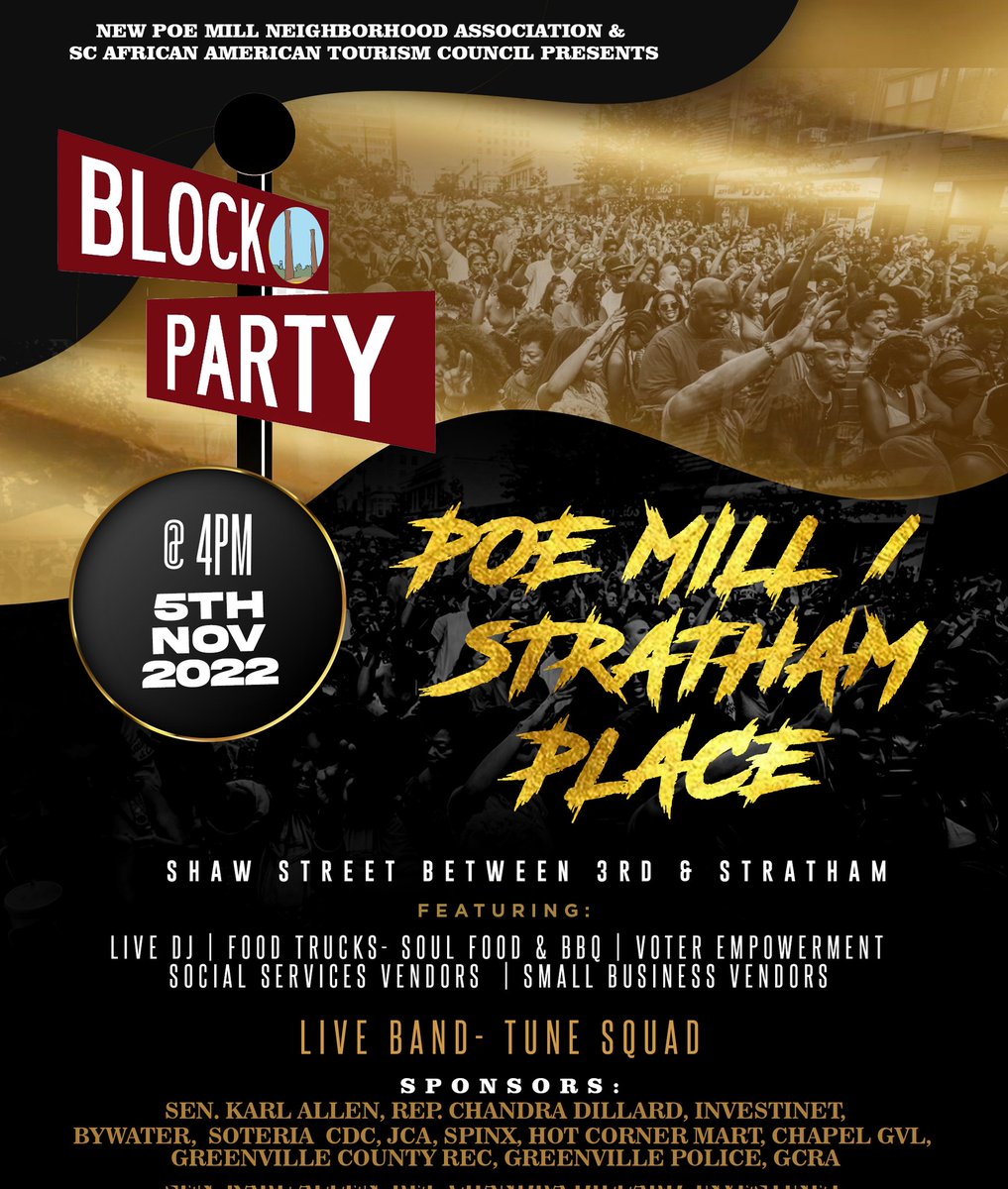 Bywater_Dev's tweet photo. To all our friends in Greenville/Upstate SC - please plan on attending the Poe Mill - Stratham Place Block Party this Saturday. And many thanks to the New Poe Mill Neighborhood Association &amp; SCAATC for organizing this great event!
#GreenvilleSC #Community https://t.co/pkvOgJYIte