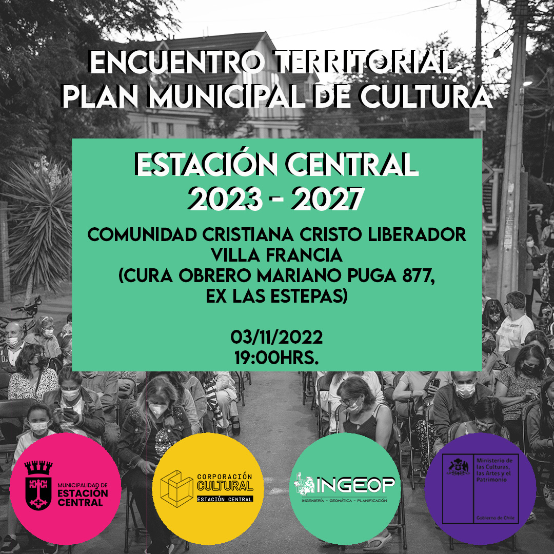 🛑 ¡HOY! ENCUENTRO TERRITORIAL VILLA FRANCIA.

<a href="/muniecentral/">#EstacionCentral</a> invita a vecinas y vecinos a participar del último Encuentro Territorial para el PMC de Estación Central.

La actividad es el 03/11, a las 19:00hrs, en Cura Obrero Mariano Puga 877, ex Las Estepas.

¡No faltes!