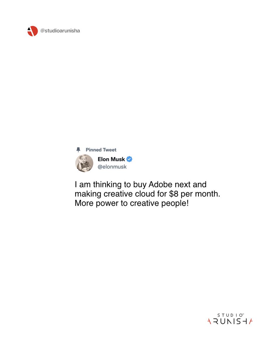 studioarunisha's tweet image. Want to guess what Elon's gonna buy next ???? 

Will he make Adobe just as affordable as the blue tick? 

Comment below to let us know what you think he's buying next!
.
.
.
#studioarunisha #visualdesignstudio #elonmusk #designmeme #graphicdesign #meme #design #designhumor