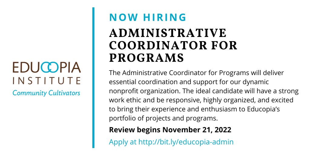 📣NOW HIRING: Administrative Coordinator for Programs

Educopia is looking for an organized and energetic individual to join our team of commuity cultivators. 

Sound like you? Apply here: educopia.org/administrative…