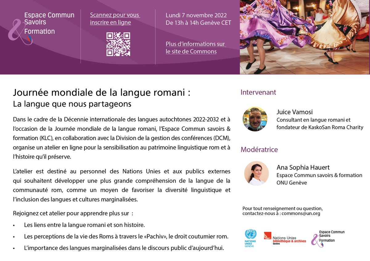 UNDGACM_CH's tweet photo. 💬🗣️ 11月5日是联合国教科文组织 @UNESCO_chinese 于2015年决定设立的世界罗姆语日 #RomaniLanguage
届时,🇺🇳 联合国日内瓦办事处 @UNGeneva 的同事将会组织关于语言遗产的线上研讨,诚邀大家参加。
🗓️ 11月7日,下午1点(日内瓦时间)
📱 注册链接➡️https://t.co/fvcmFU9QuO https://t.co/IVoga2UXVj