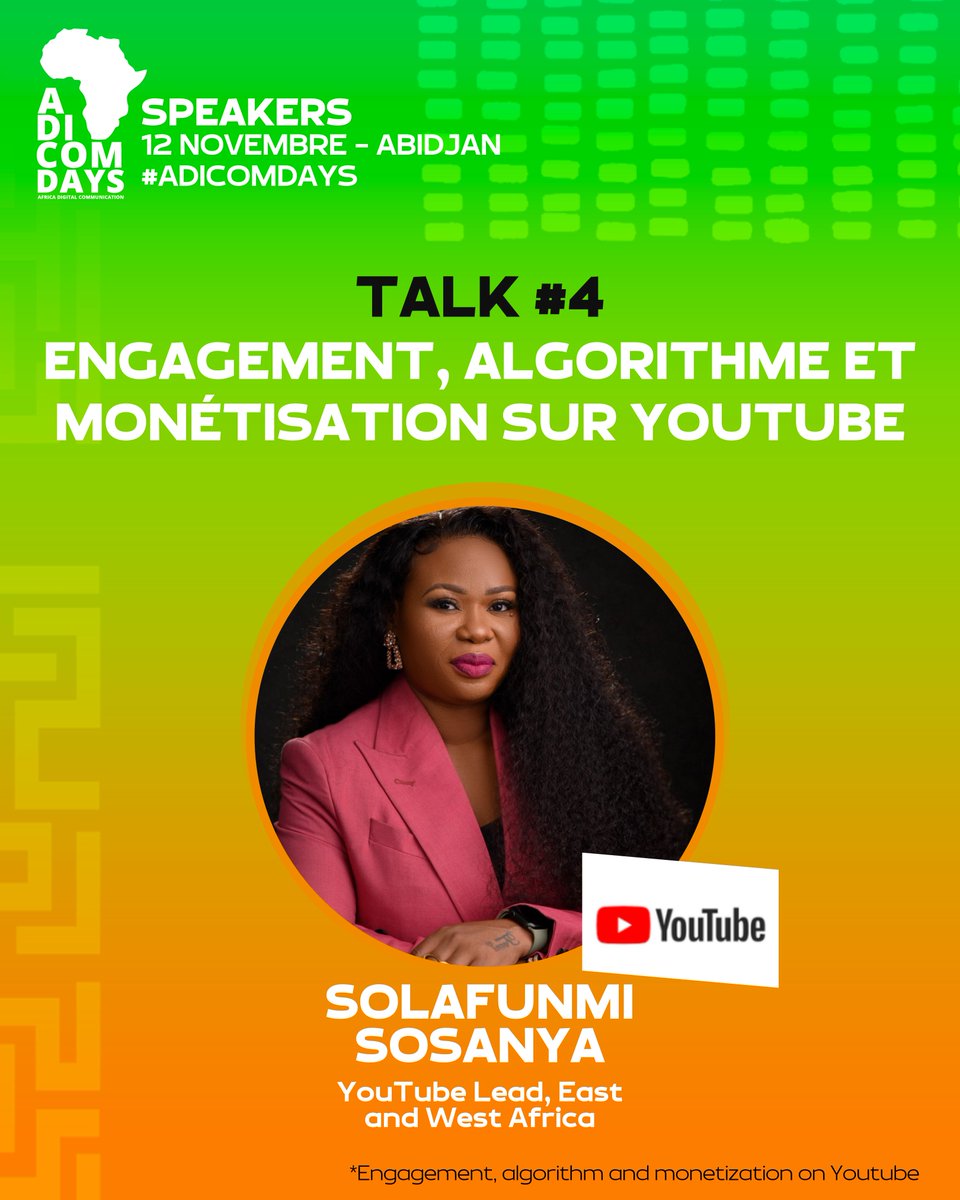 [#ADICOMDAYS 2022] 
En Talk 4, le 12 novembre, nous aborderons les clés de l'engagement, les règles de l'algorithme et de la monétisation sur <a href="/YouTube/">YouTube</a> avec Solafunmi Sosanya.

Get your ticket on bit.ly/Adicomdays2022.
Découvrez le programme complet sur bit.ly/schedule_ADICOM.