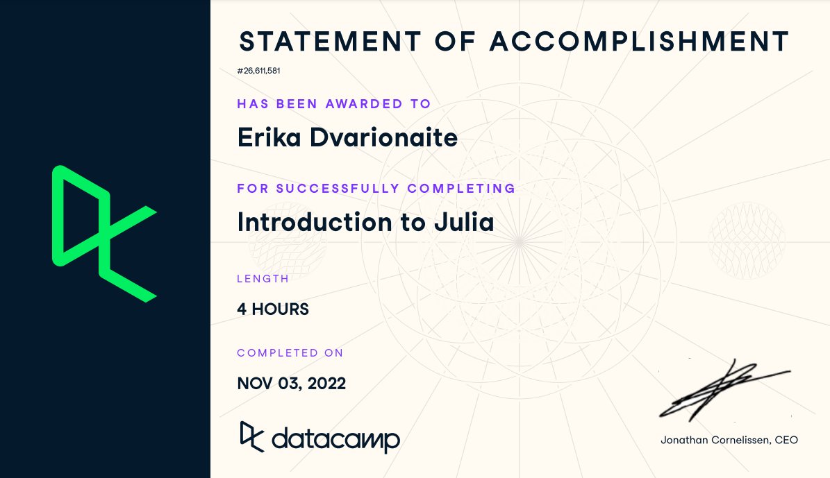Just completed the new "Introduction to Julia" course on DataCAmp #DataCamp #Julia