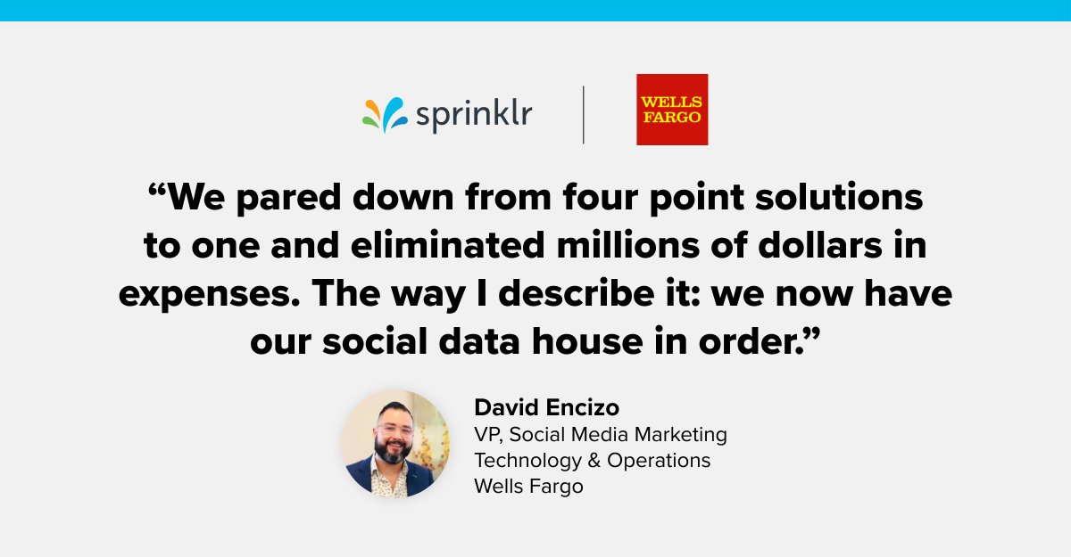 Sprinklr's tweet photo. With 70 million customers and 200,000+ employees, @WellsFargo was looking to consolidate point solutions and better connect teams.
They turned to a unified platform, saving millions of dollars and empowering social-focused teams across the enterprise 🏦 https://t.co/muH4pdKBmr https://t.co/WPjsu7AFXH