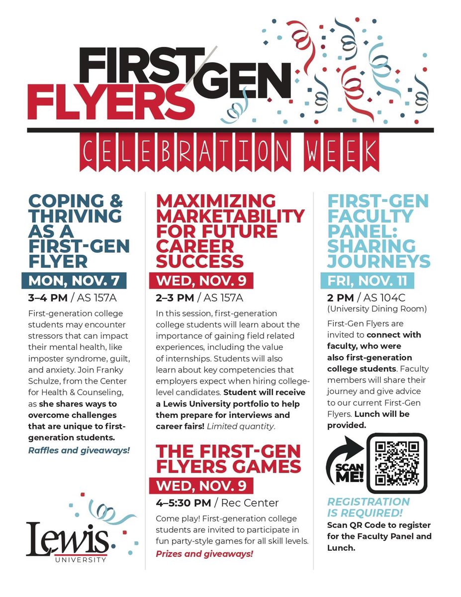 LewisU_AS's tweet image. 📣 First-Gen Flyers Celebration Week begins this Monday
📣 Open to ALL #lewisu students
📣 Mark your calendars and plan to attend these events &amp;amp; bring a friend
📣 Friday’s session requires registration using the QR Code
#lewisu_as #firstgenflyers #firstgenerationcollegestudent
