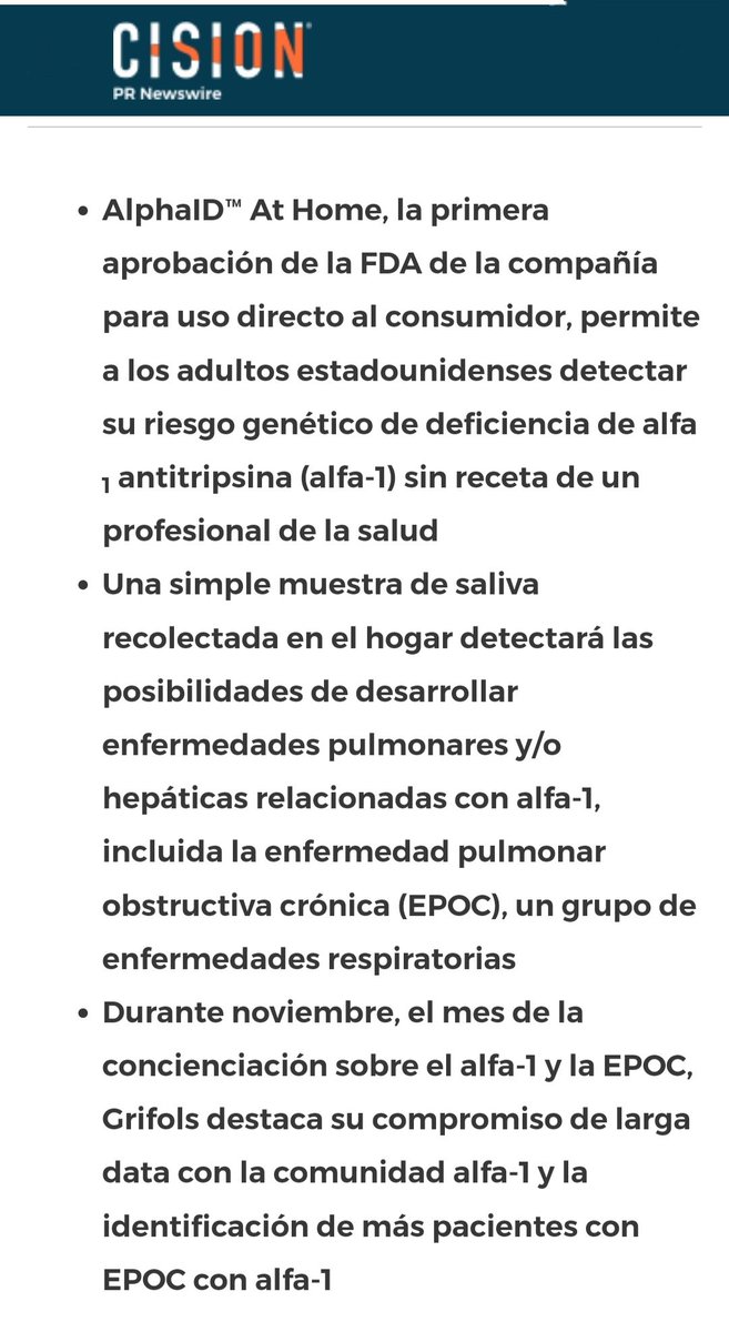 pharma_jonpi's tweet photo. #GRÍFOLS/ #EPOC /#EEUU. Acaba de Recibir la Aprobación de @US_FDA Para #ALPHAID ™ At Home, el Primer Servicio Gratuito Para Que los Consumidores Estadounidenses Determinen su Riesgo de #Alfa_1. https://t.co/CPcXGy5tYm
#ibex35 #NASDAQ100 #gigagen #biotest #alkahest #plasmaferesis https://t.co/jEaePM6cYP