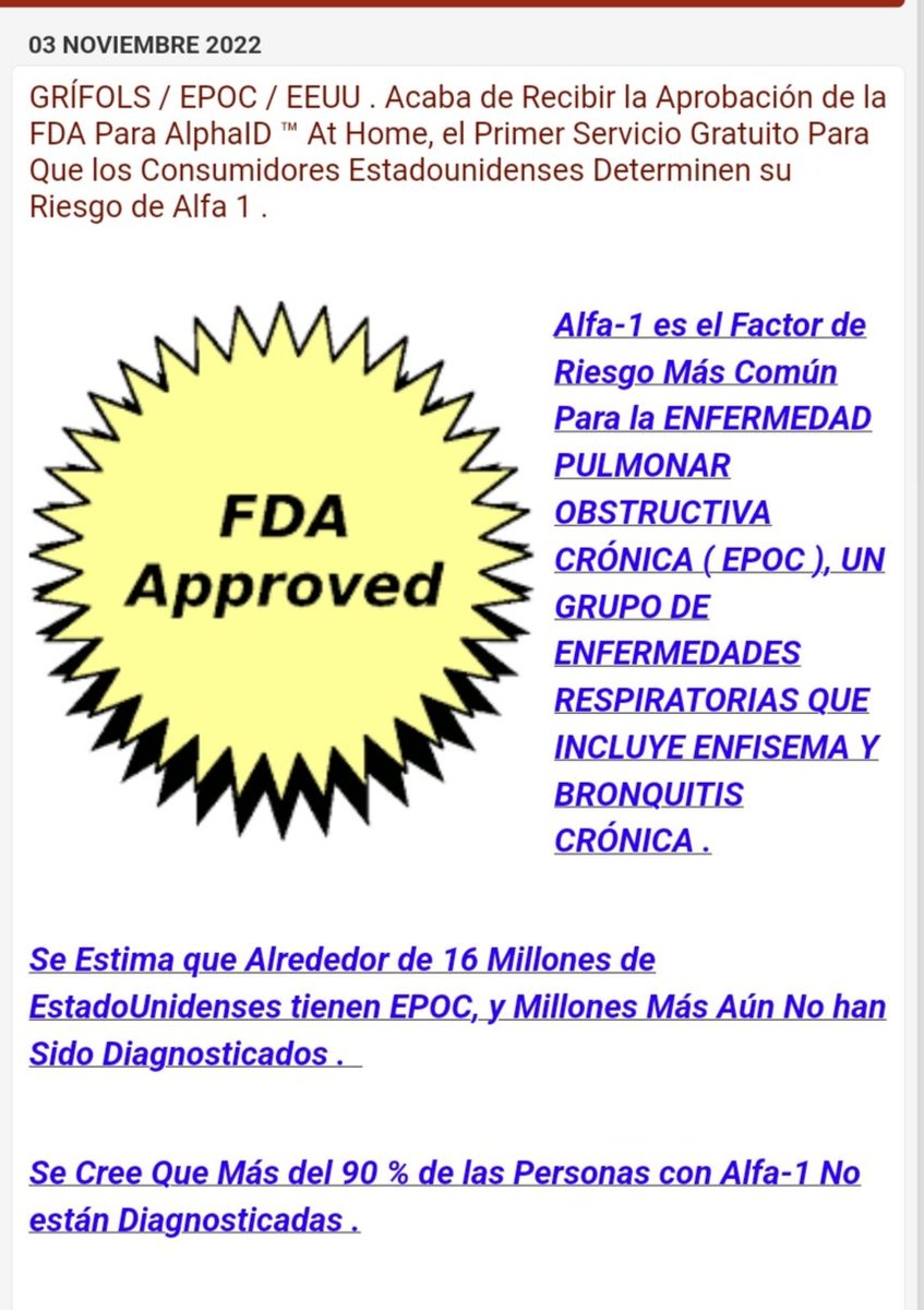pharma_jonpi's tweet photo. #GRÍFOLS/ #EPOC /#EEUU. Acaba de Recibir la Aprobación de @US_FDA Para #ALPHAID ™ At Home, el Primer Servicio Gratuito Para Que los Consumidores Estadounidenses Determinen su Riesgo de #Alfa_1. https://t.co/CPcXGy5tYm
#ibex35 #NASDAQ100 #gigagen #biotest #alkahest #plasmaferesis https://t.co/jEaePM6cYP