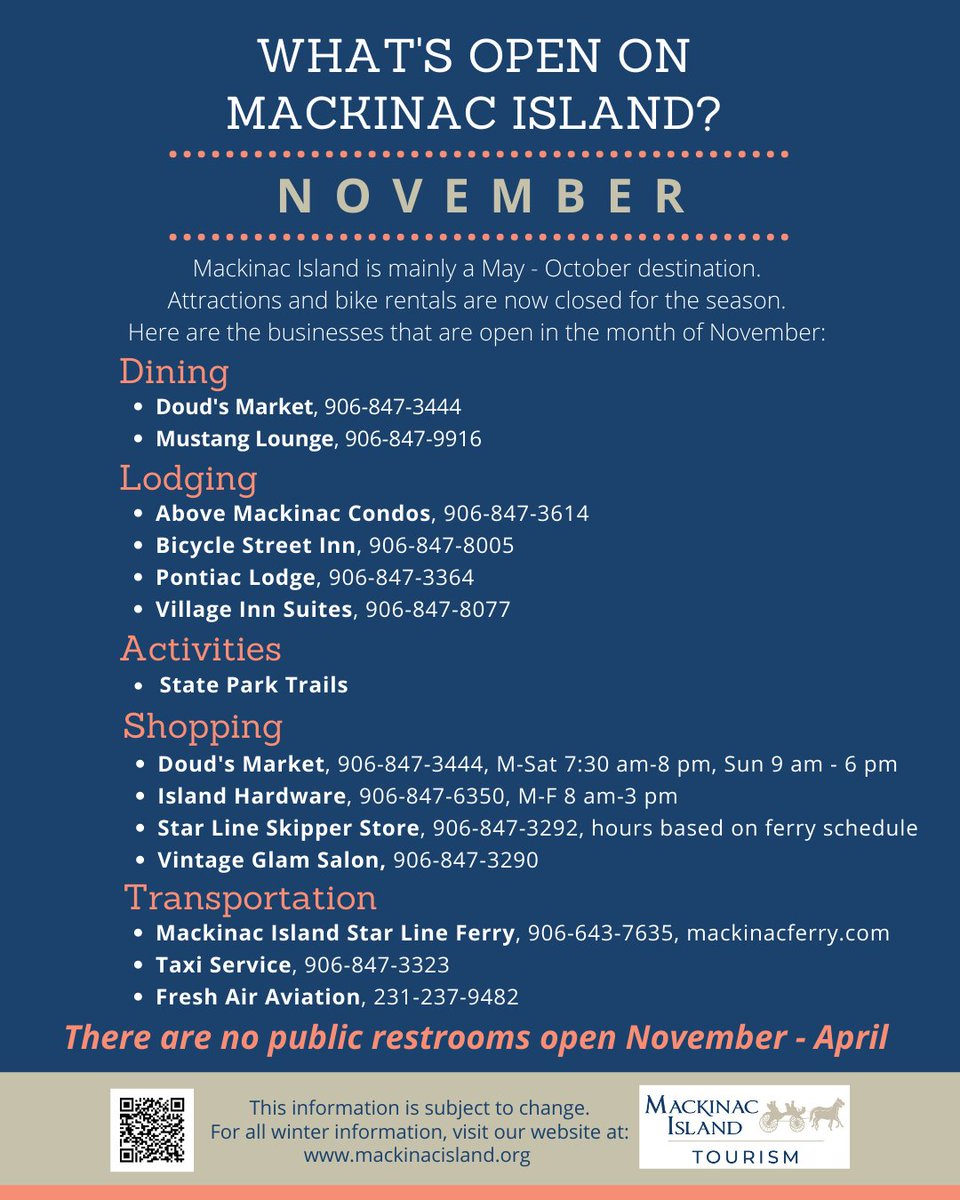 mackinacisle's tweet photo. Planning to visit Mackinac Island in November? Here's a guide of what's open this time of the year and what to expect. For more information regarding the winter season, visit our winter page: https://t.co/jIcpvvpxvC https://t.co/Jvyq66IOVo