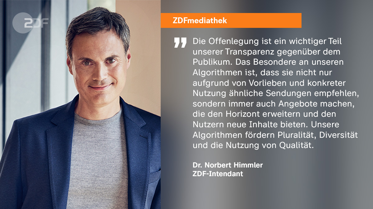 #ZDF legt Algorithmen für #ZDFmediathek offen: Seit heute können Nutzerinnen und Nutzer genau nachlesen, wie die persönlichen Empfehlungen zustande kommen. 
Mehr Infos: kurz.zdf.de/BeKJ/
<a href="/ZDFheute/">ZDFheute</a>
