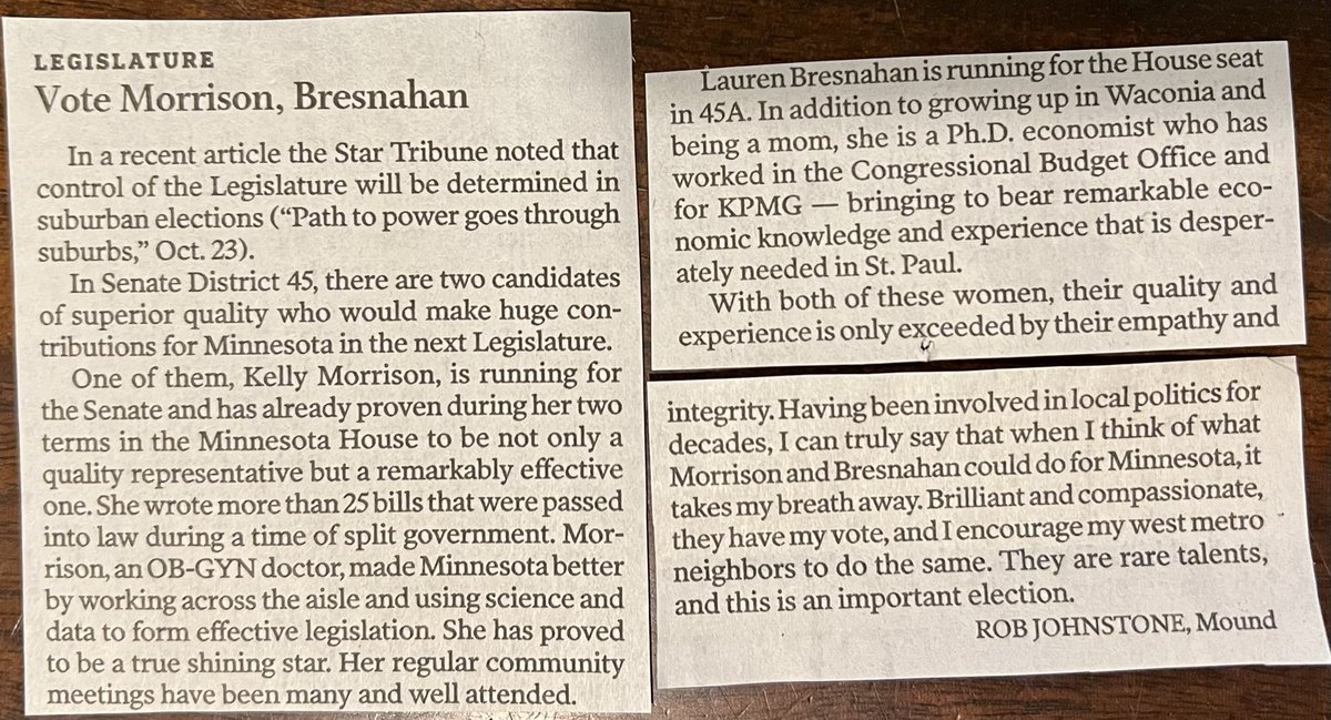 Morrison4MN's tweet photo. Thank you for your kind words and support of @Bresnahan4MN and me in the @StribOpinion today, Rob Johnstone! @SD45DFL @FlipMNSenate @electmnhousedfl 
#MorrisonForSenate #BresnahanForHouse #LetsAimHigher #ForAHealthyThrivingMinnesota https://t.co/y1mMwNCFow