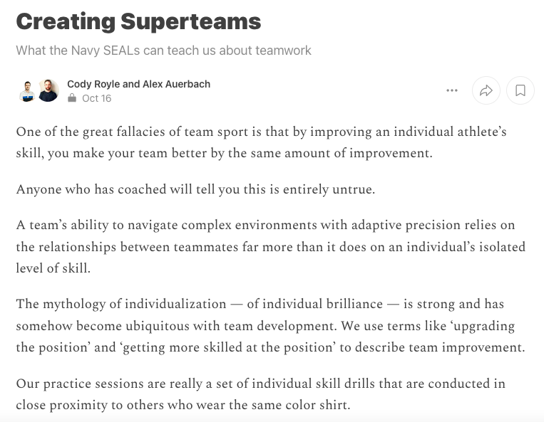 codyroyle's tweet photo. Reading @StanMcChrystal's #TeamOfTeams changed how I think about teamwork in sport.

Rather than creating exercises that teach players to anticipate their teammates' moves and intent, I fear we've created individual skill drills where we hope teamwork happens.

We can do better. https://t.co/qSZLo4xOz8