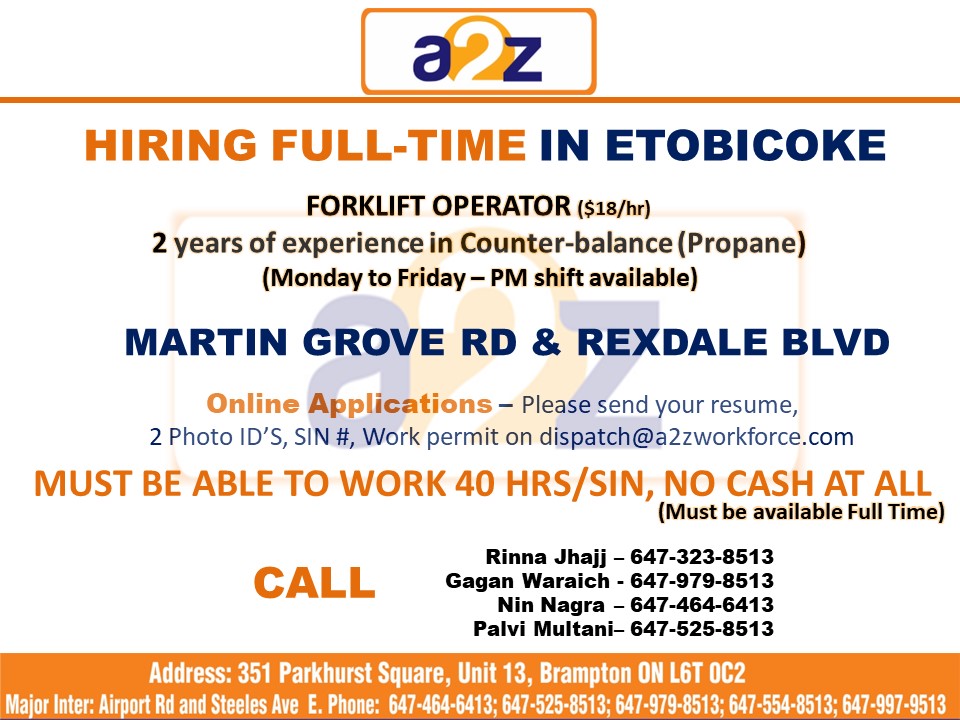 a2z_workforce13's tweet photo. Hiring Full-time in Etobicoke
Forklift Operator
Monday - Friday: PM shifts available
If interested, please contact us.
#hiring #forkliftoperator #etobicoke https://t.co/N5boGd84xA
