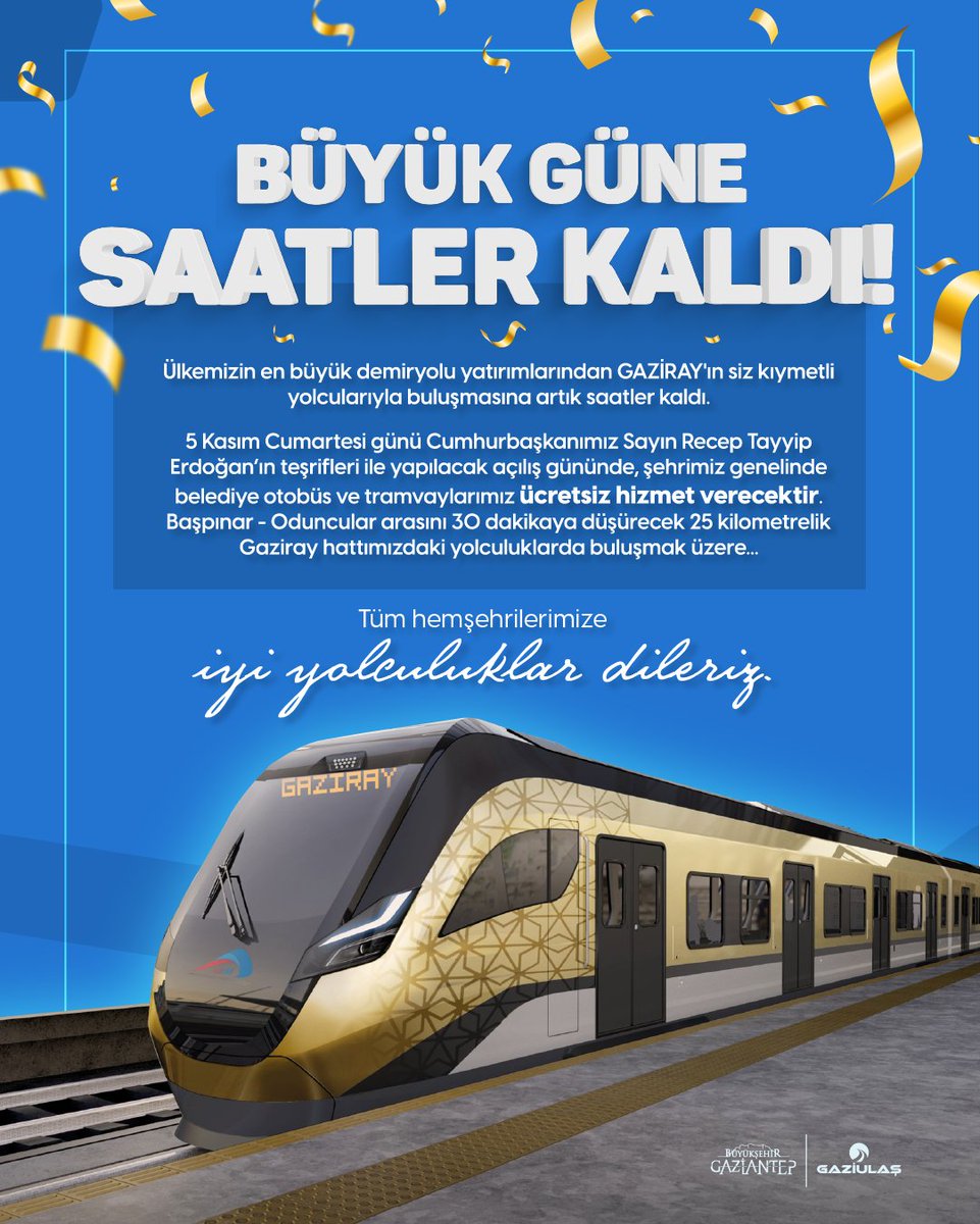 📢 DUYURU | 5 Kasım Cumartesi #Gaziray hattımızın açılış gününde belediye otobüslerimiz ve tramvaylarımız ücretsiz hizmet verecektir. 🚍🚊 <a href="/GaziantepBeld/">Gaziantep Büyükşehir</a>