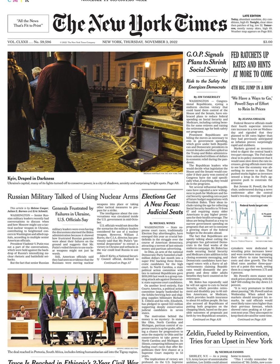 nyt_daily's tweet photo. The front page of The New York Times this morning.
Thursday, November 3 2022. https://t.co/YmgKA9SV7H