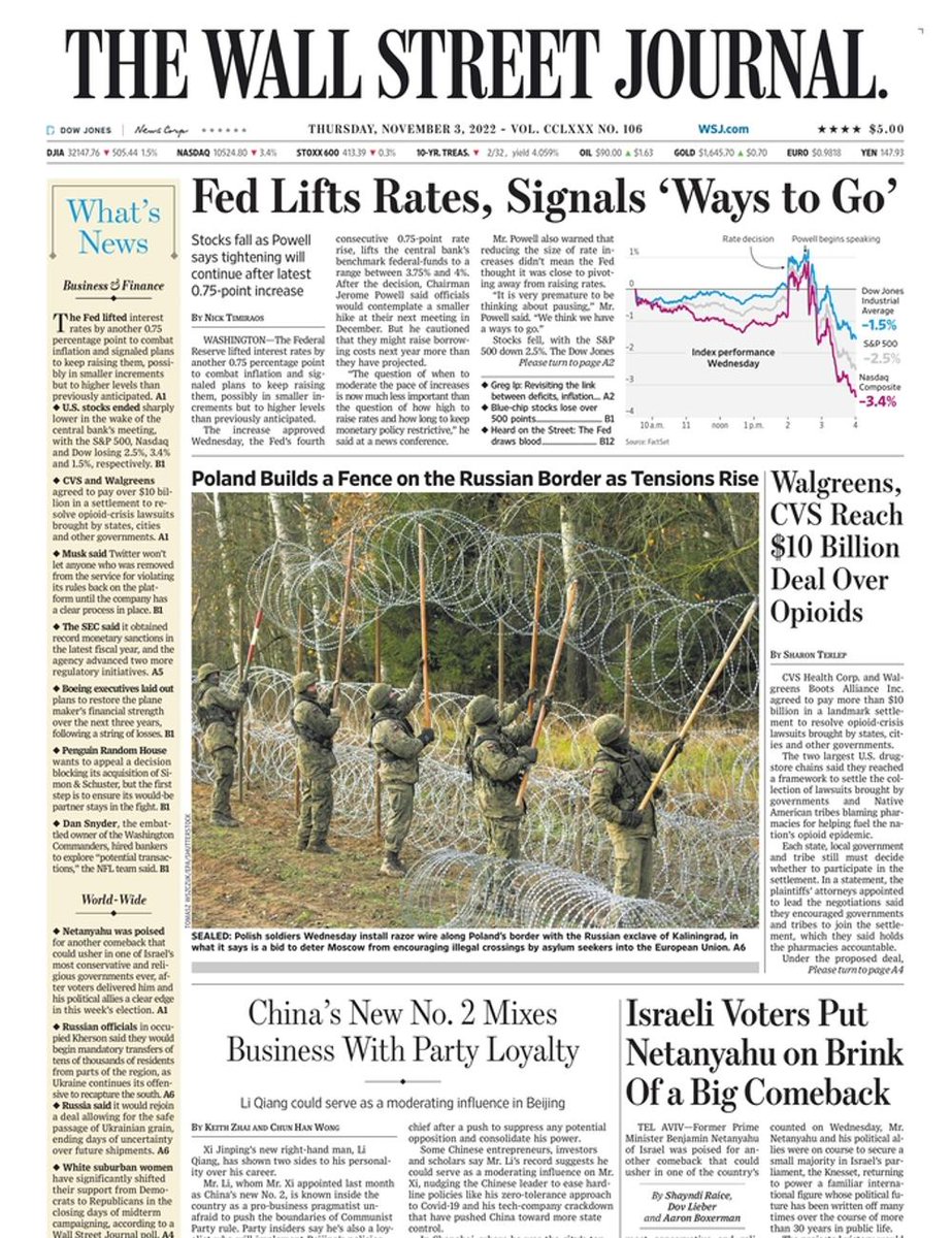 The front page of The Wall Street Journal this morning.
Thursday, November 3 2022.