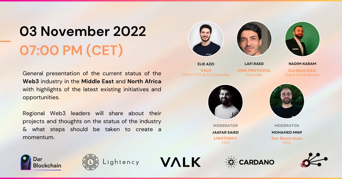 DarBlockchain's tweet photo. HAPPENING TODAY!
Don't miss the chance to discover Web3.0 projects and opportunities in the MENA region.
Tune us in at 7 PM (CET)
Link to Webinar: https://t.co/wC4SBYEm27
#DarBlockchain #Lightency #Cardano #SinkProtocol #Valk #webinar #web3 #MENA #blockchain https://t.co/VRVbWeMHRM