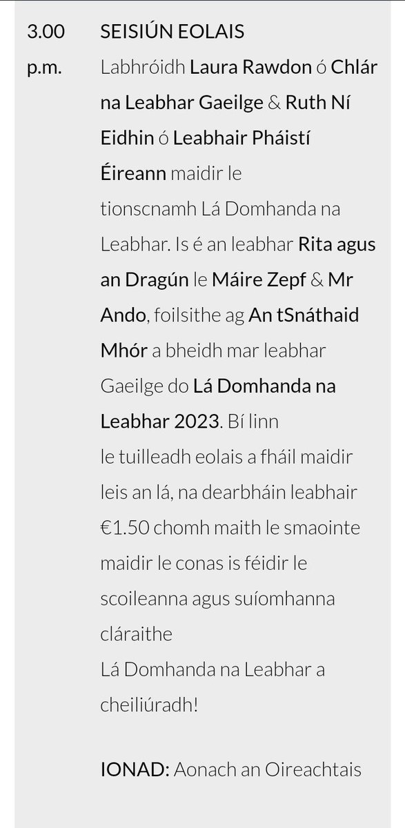 Bí linn san Aonach ag 3pm inniu le tuilleadh eolais a fháil maidir le Lá Domhanda na Leabhar 2023! #OnaS2022 #WorldBookDay #Gaeilge #LoveLeabharGaeilge