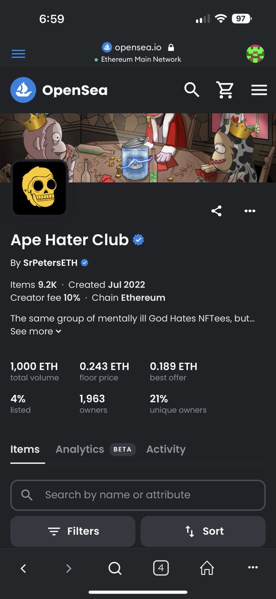 D4RNT_'s tweet photo. Annnnnd @ApeHaterClub reaches 1,000 ETH volume! Congrats @srpeters and the @GodHatesNFTees family! This is how you do this shit organically! Just the start too!

#GodHatesNFTees #ApeHaterClub https://t.co/BmYleFFBFQ