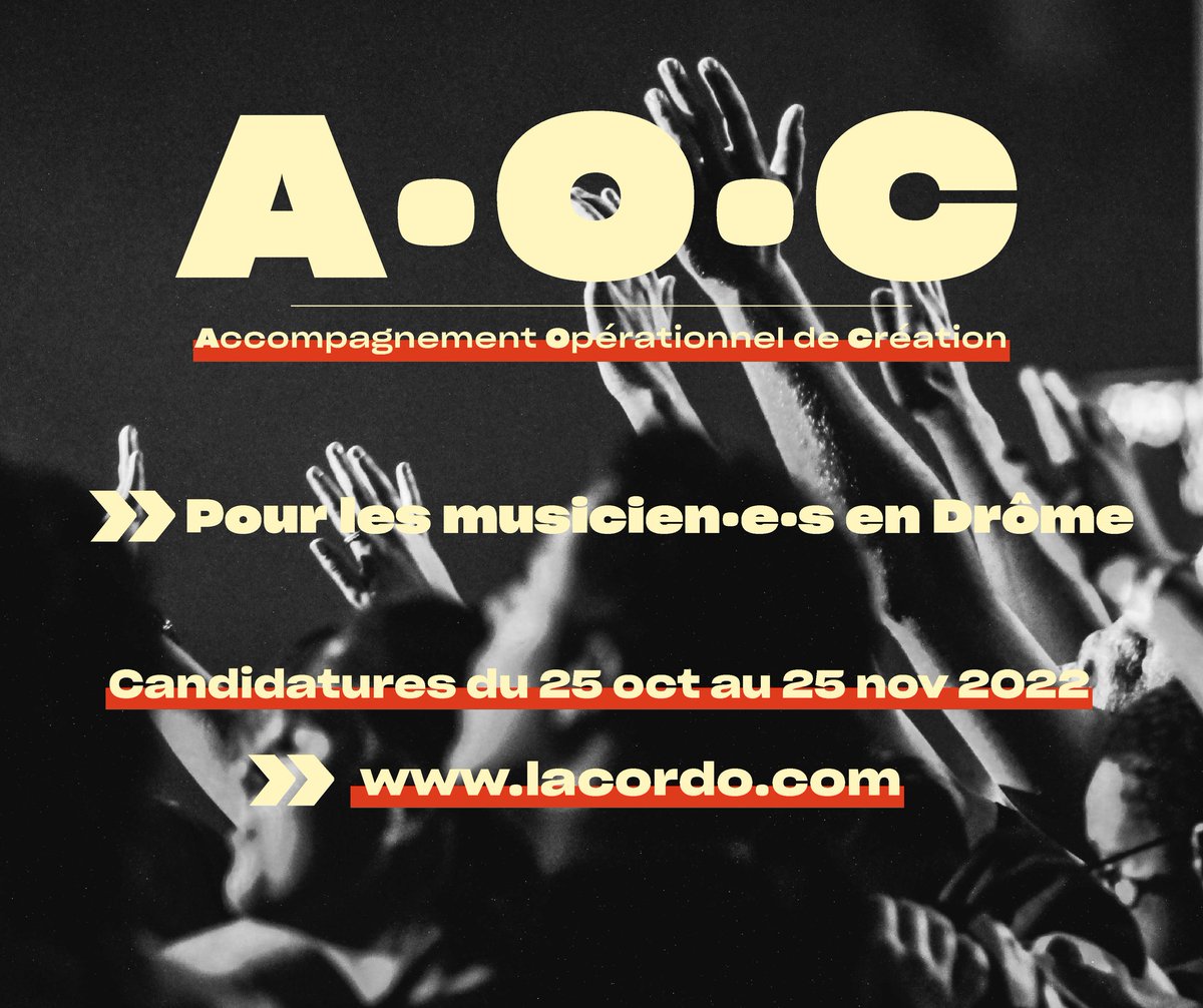 🔴 APPEL A CANDIDATURES ! Miz'Ampli, avec le soutien de @La_drome, lance la 2ème édition de AOC (accompagnement à la création) 
👉 Candidatures jusqu'au 25/11 auprès de <a href="/la_cordonnerie/">LA CORDO</a> : urlz.fr/jGIT
Infos : cutt.ly/LNiNSCd
#musiquesactuelles #drome #creation