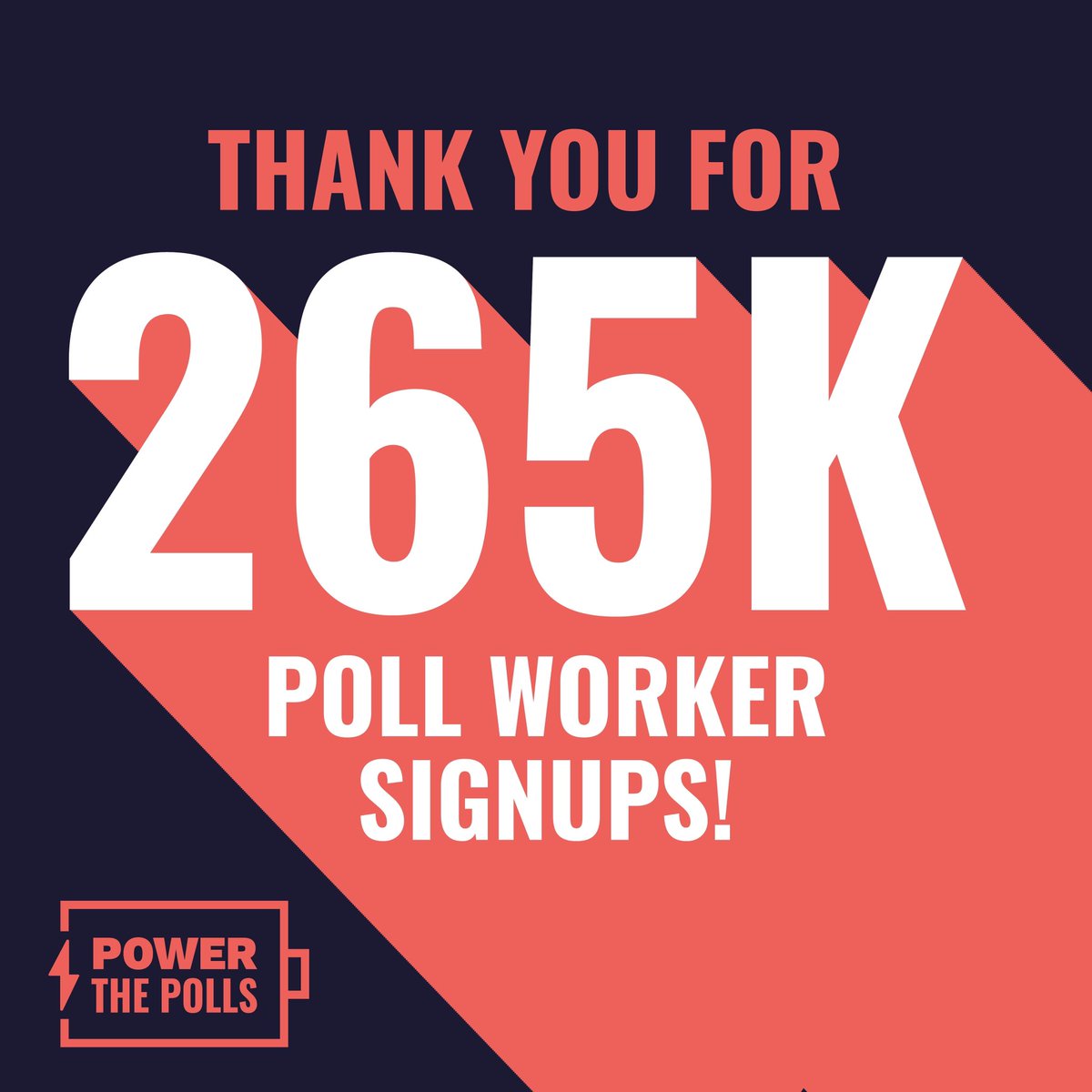 Two Hundred. And Sixty Five. THOUSAND OF YOU!!! Have stepped up and signed up to #PowerThePolls in 2022. We're blown away by your commitment to sharing the need for poll workers and ensuring polls are staffed nationwide. THANK YOU!