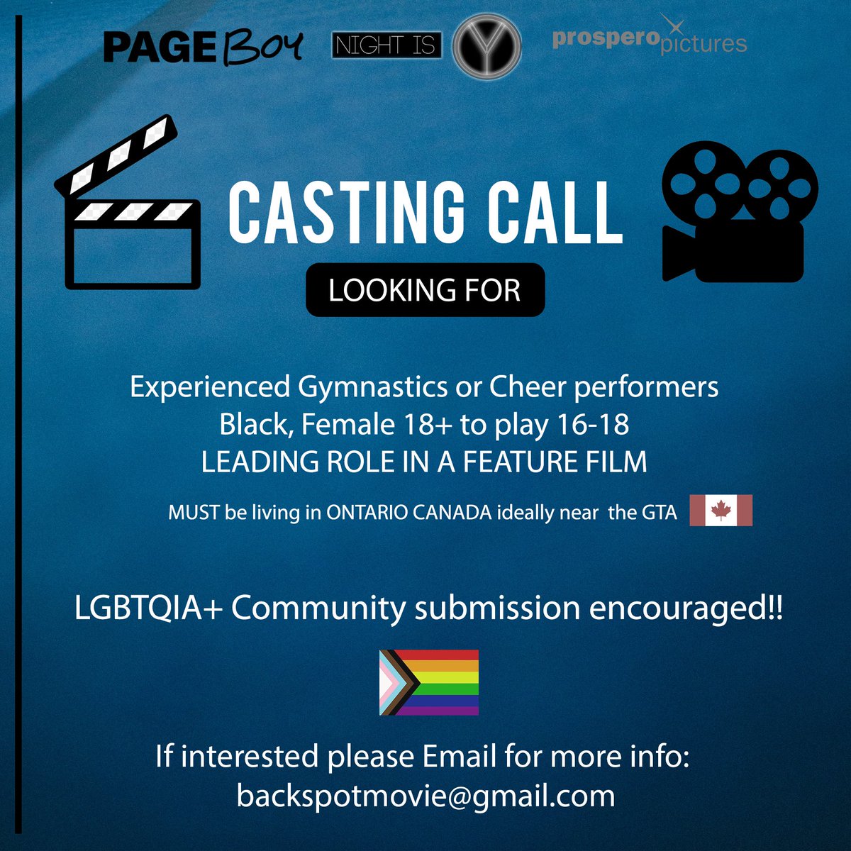 We’re casting for one of the LGBTQ+ leads in our new feature BACKSPOT (exec-produced by Elliot Page and his co. Page Boy Productions). 

Ontario local only. For more info, please email backspotmovie@gmail.com