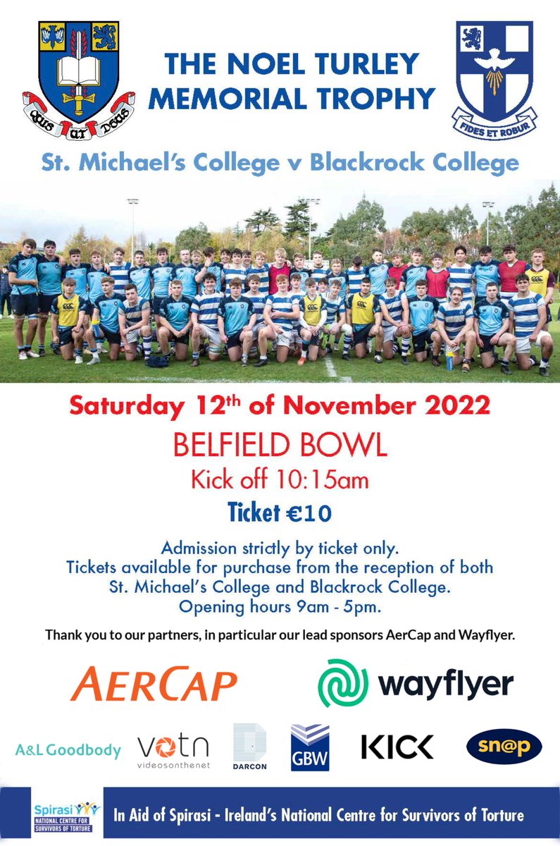 andyskehan's tweet photo. Great schoolboy game around the corner. @stmcrugby vs @BlackrockColl Saturday 12th Oct, benefits from game will go to @spirasi. Very worthwhile cause, with a great mornings entertainment to enjoy at the same time. Great to have @UCDRugby Bowl as venue once again. https://t.co/WYLWUZdke9