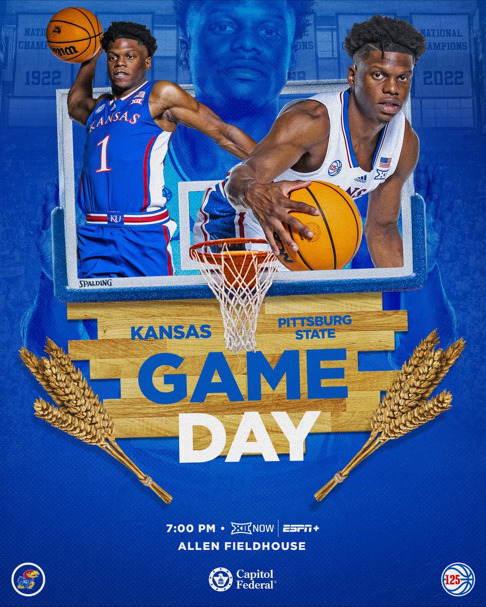 KUHoops's tweet photo. So good to finally say it again…

It’s GAMEDAY in AFH

👉 vs. Pitt State (exh.)
⏰ 7:00 PM
📺 Big 12 Now on ESPN+ https://t.co/NslNJvmoyt