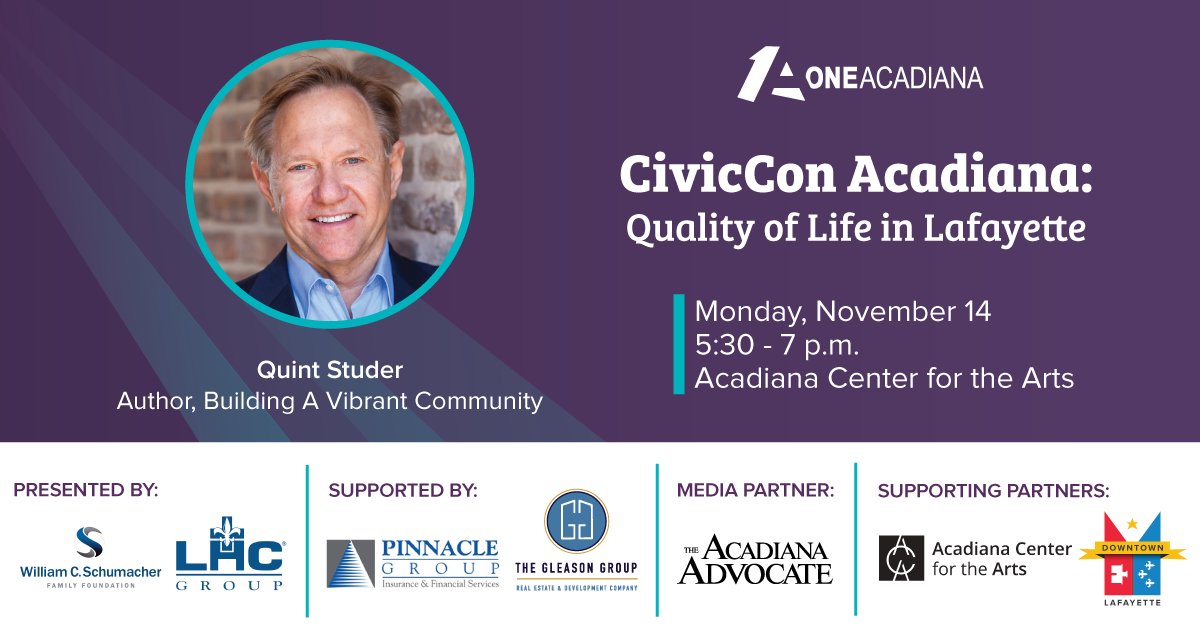 OneAcadiana's tweet photo. Curious to see how Lafayette Parish’s quality of life has changed over the past year? Join us for our next CivicCon event on November 14 where Pensacola philanthropist Quint Studer will present the results of our second annual Quality of Life (QOL) Survey. https://t.co/1D9fzNF6tC https://t.co/Ca3wrGA59C