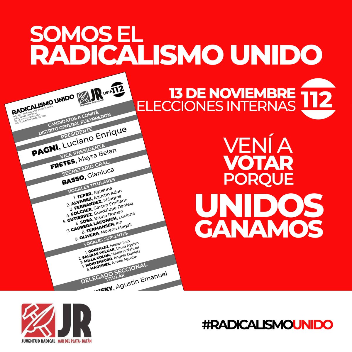 JRMdpBatan's tweet photo. 🇵🇱 🇵🇱 Construyendo con alegría y prepotencia de trabajo, el radicalismo del futuro 🇵🇱 🇵🇱
🗳 Este 13 de Noviembre tenemos elecciones internas en nuestro partido y a la Juventud Radical la representa la lista 112 🇵🇱 🇵🇱
#UnidosGanamos
#VotamosRadicales
#Lista112 https://t.co/iufhmHGCQw