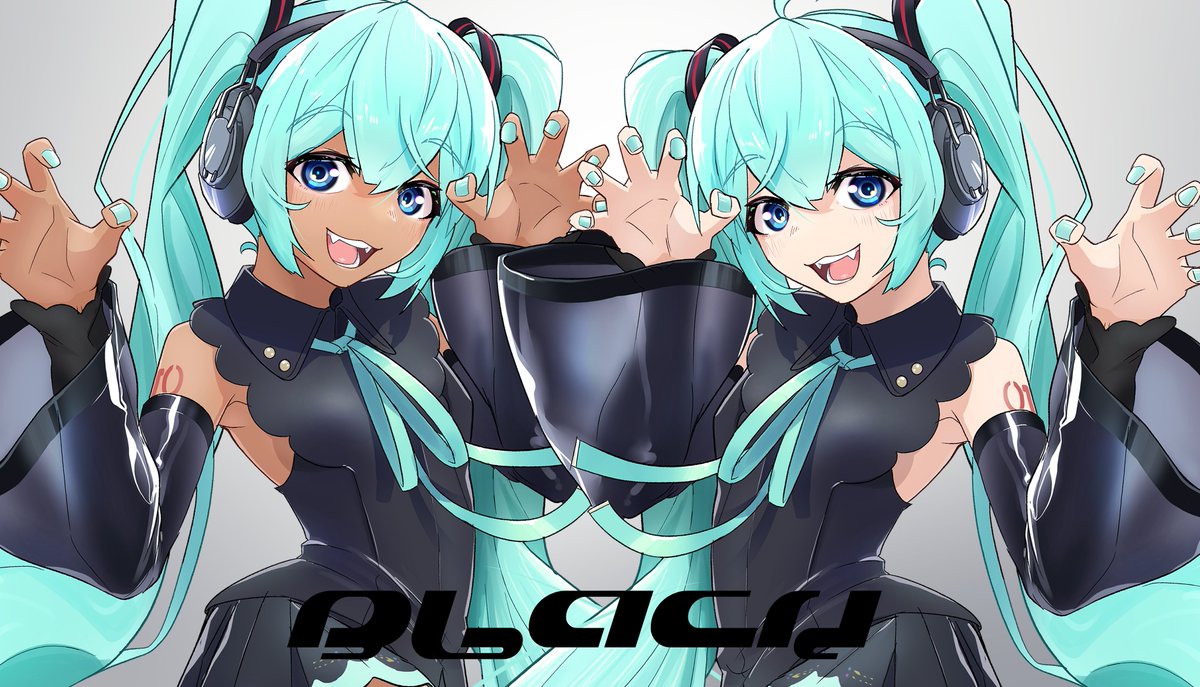 hatsune miku claw pose multiple girls aqua ribbon 2girls headphones see-through sleeves dual persona  illustration images