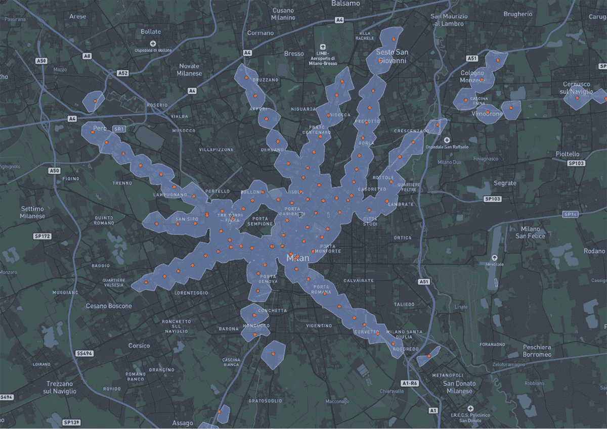 DomeGIS's tweet photo. "L'imbarazzo della scelta" or where do you want to live in #Milan, Italy?
7 min walking #isochrones for all metro stops.
Part of my tutorial on custom filters for housing search: https://t.co/DwBsFSoXOW (incl. high-res & original data)
#30DayMapChallenge day 3: polygons
#gischat https://t.co/m8eHwpCGMg