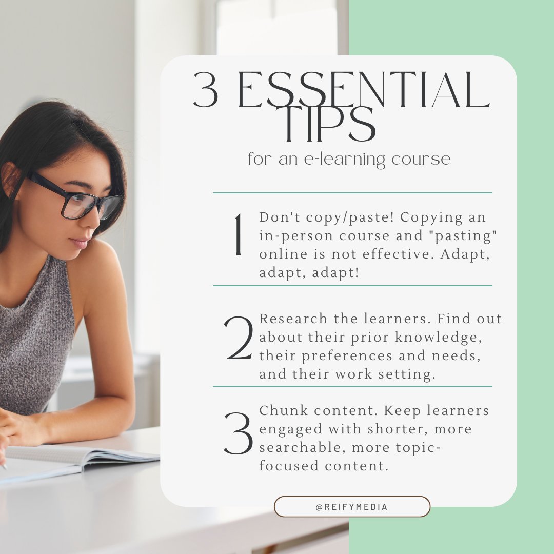 Essential tips for creating an online course:
Adapt, adapt, adapt! 

#elearning #elearningcourse #onlinetraining #traininganddevelopment #learning #onlinecourses