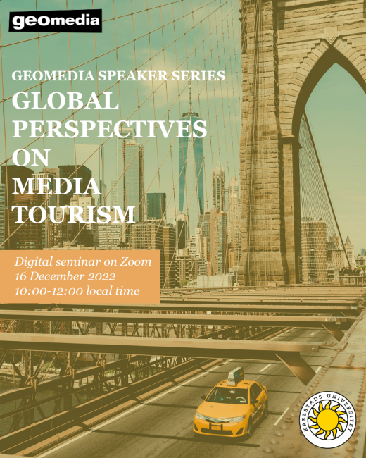 GEOMEDIA SPEAKER SERIES Digital seminar Global Perspectives On Media Tourism 16 December 2022 10:00-12:00 local time (Sweden) kau.se/geomedia/konfe…