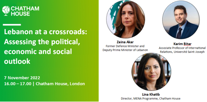 CH_MENAP's tweet photo. 📢We look forward to hosting @ZeinaAkar1 and @karimbitar on Monday 7 Nov for a discussion moderated by @LinaKhatibUK on the political and social dynamics underlying Lebanon’s challenges in a turbulent context. https://t.co/06eoedg9wd