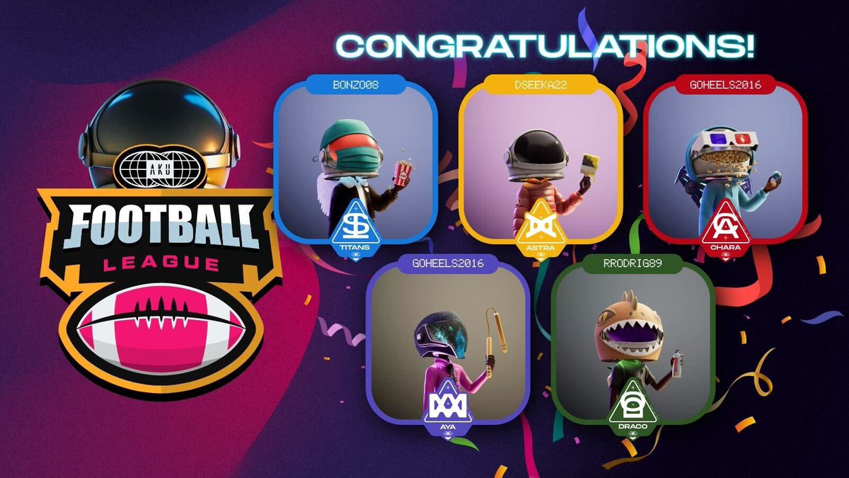 AkuDreams's tweet photo. Oh ya’ll thought we forgot? Congratulations to our Aku Football League: Week 8 Winners
Each winner is taking home $500‼️

@worldofbonzo
@Dan_Sica
@pitchdark2999
&amp; @dfsnft10 with the 2x victory!!

Join in the fun! https://t.co/mC020rAa3L 
#Aku #WeAreAku #Akutars https://t.co/rnZKm63tUq