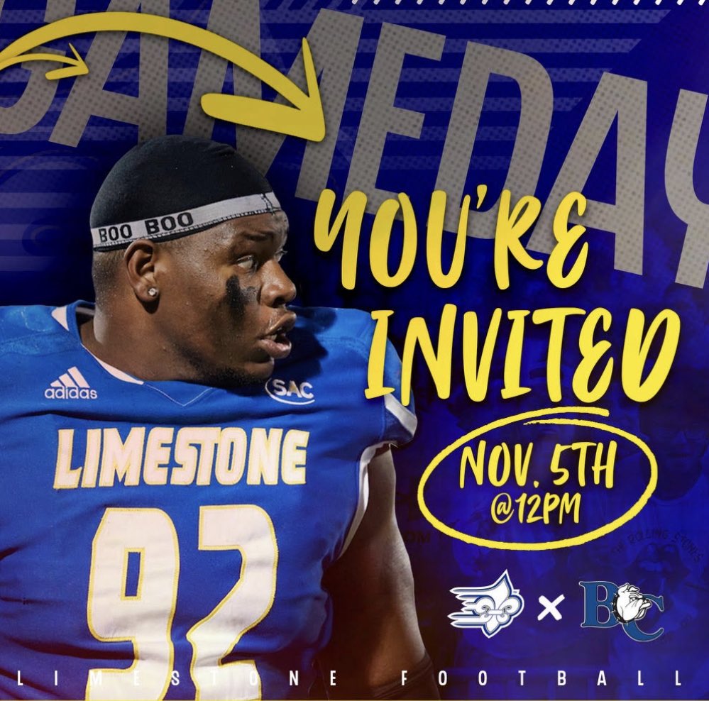 I am excited to have been asked to come to Limestone University this weekend to watch the game against Barton! GOOO SAINTS! <a href="/CoachCowan/">Rydell Cowan</a> <a href="/MayberryCedric/">CoachCedMay</a> <a href="/Football_Hounds/">🐾 Greyhound Football 🐾</a> <a href="/coachfurrey/">Mike Furrey</a>