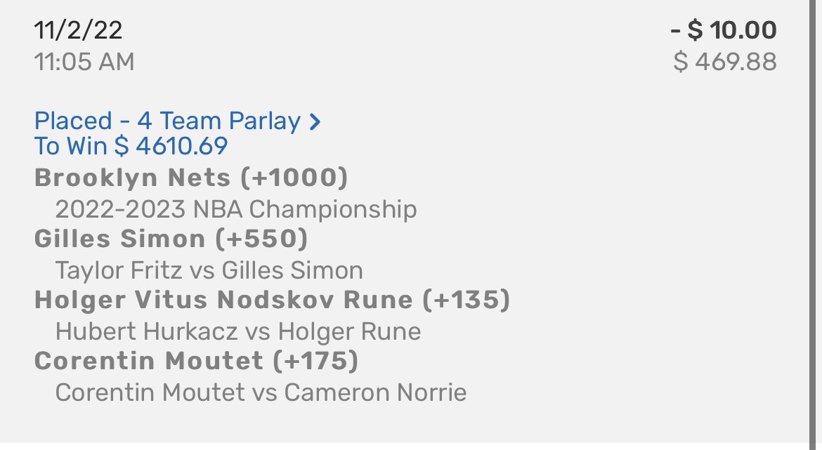 spizzyspose's tweet image. I placed the stupidest accidental sports bet of all time yesterday. The tennis bets i meant to do (and they all hit). The fucking BROOKLYN NETS to win the NBA title i did NOT mean to leave in that bet. 🤦🏻‍♂️ #GoNets