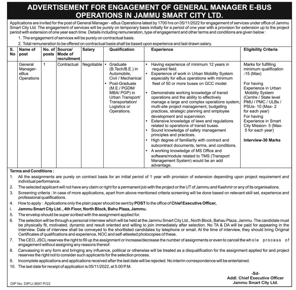 ashishGovFin's tweet photo. Hi everyone!

We're urgently #Hiring for General Manager - Operations for our to be launched #eBus project @Jammu_SmartCity 

Do you have what it takes? If you're a match for this role, DM your CV by 10-11-2022

Open for referrals also. https://t.co/BuaPNhqjf5